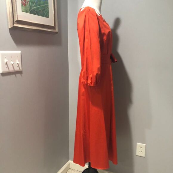 Elie Tahari Orange Midi Knee Length Fit Flare Pockets Belted Cotton Dress Size 6 - Picture 4 of 16